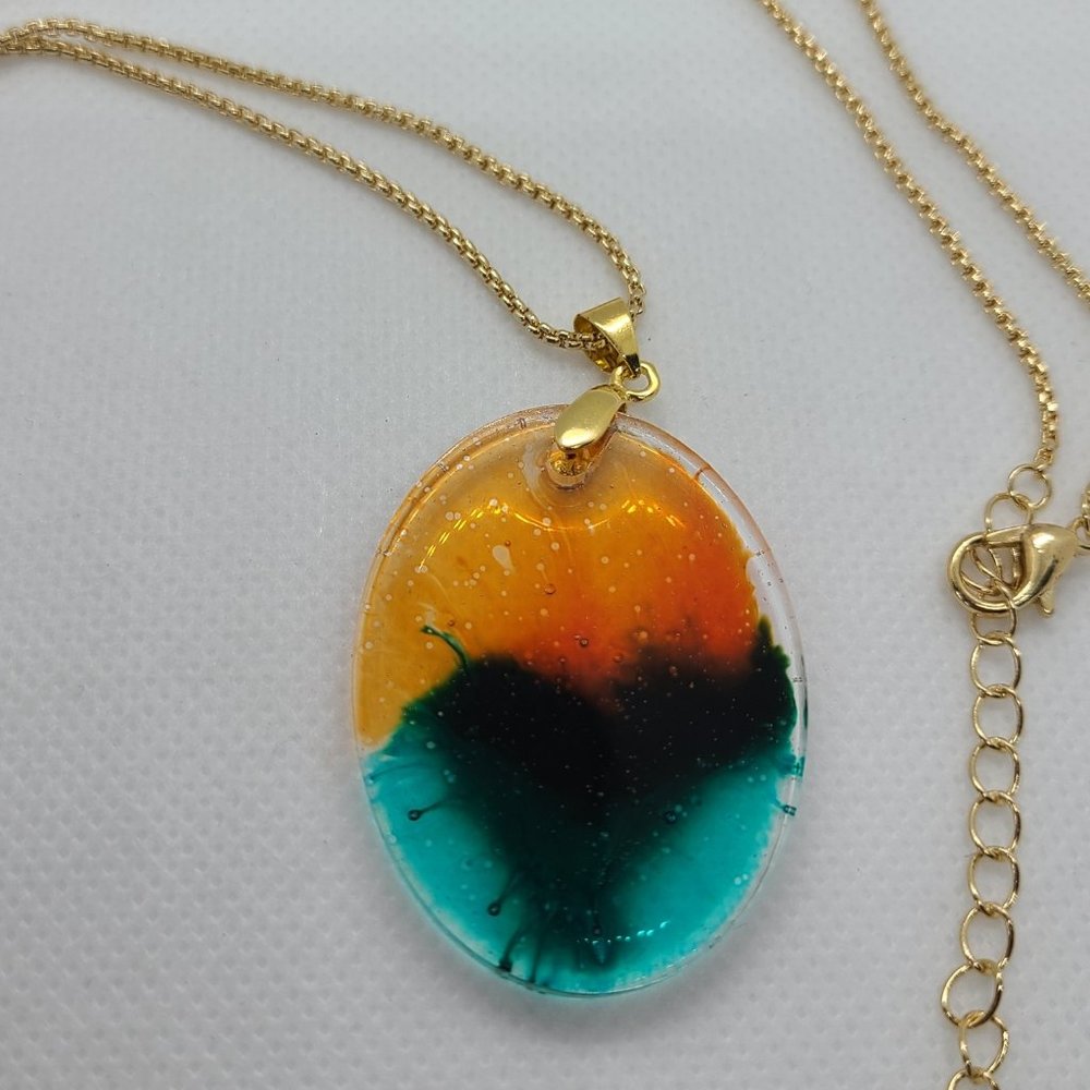 Oval Resin Pendant Gold Tone Chain, Orange, Green & Teal